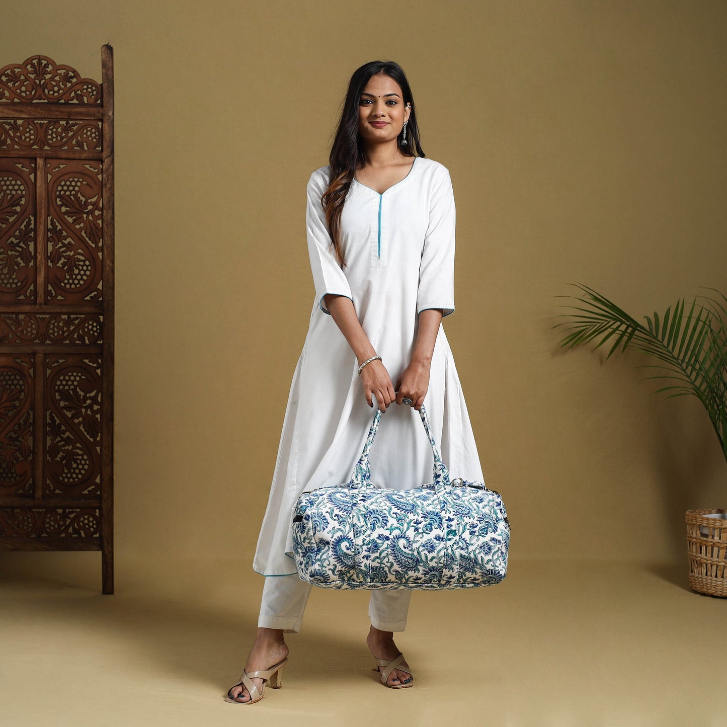 Sanganeri Print Velvet Duffle Travel Bag