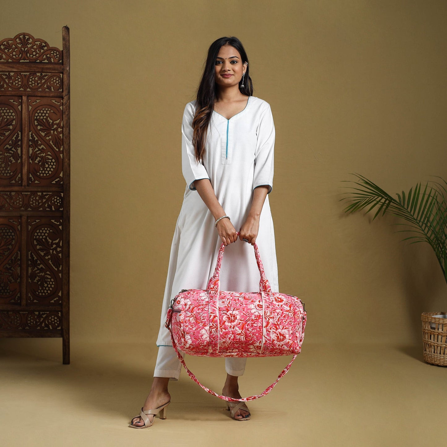 Sanganeri Print Velvet Duffle Travel Bag