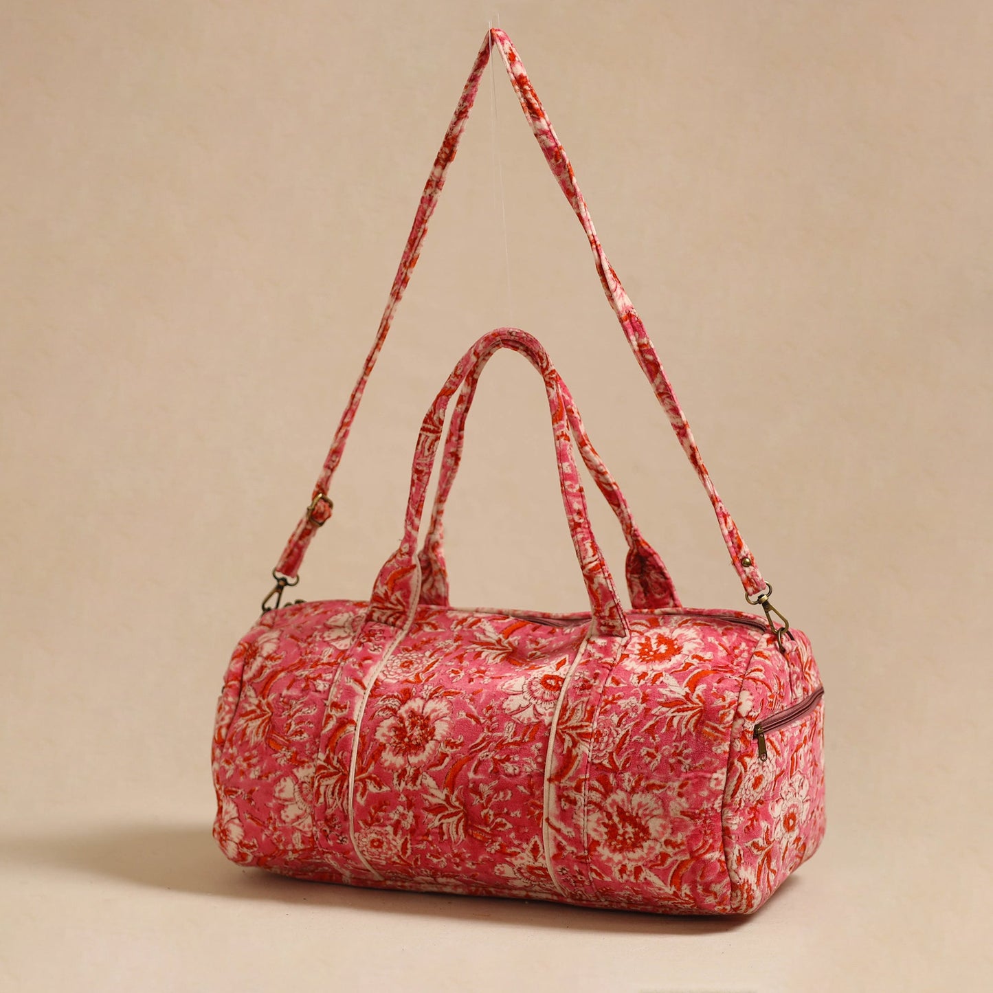 Sanganeri Print Velvet Duffle Travel Bag