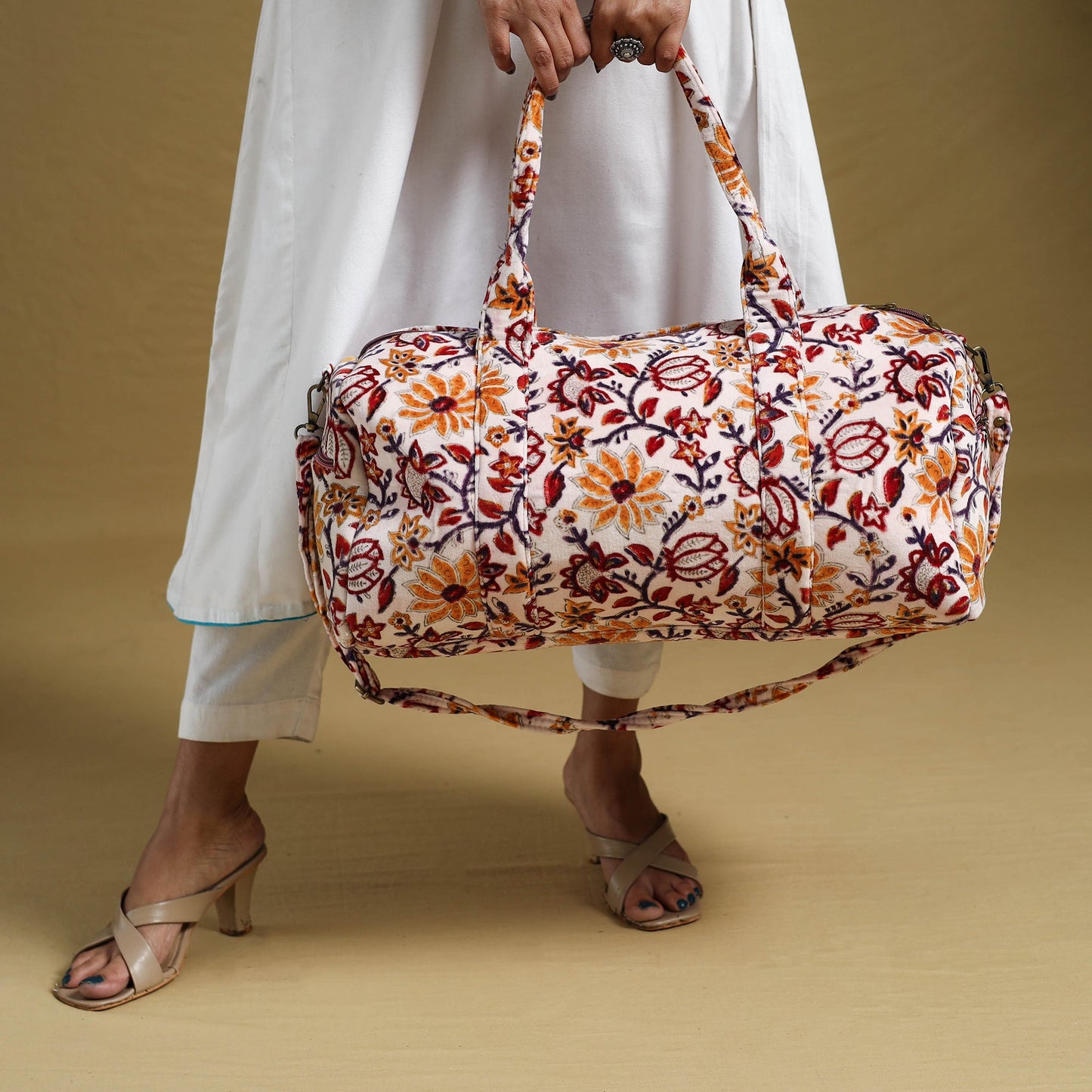 Sanganeri Print Velvet Duffle Travel Bag