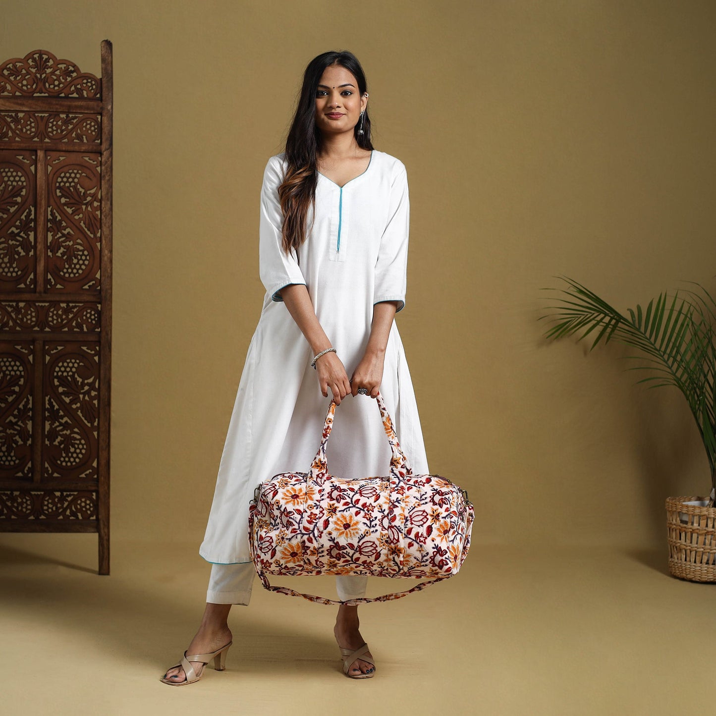 Sanganeri Print Velvet Duffle Travel Bag