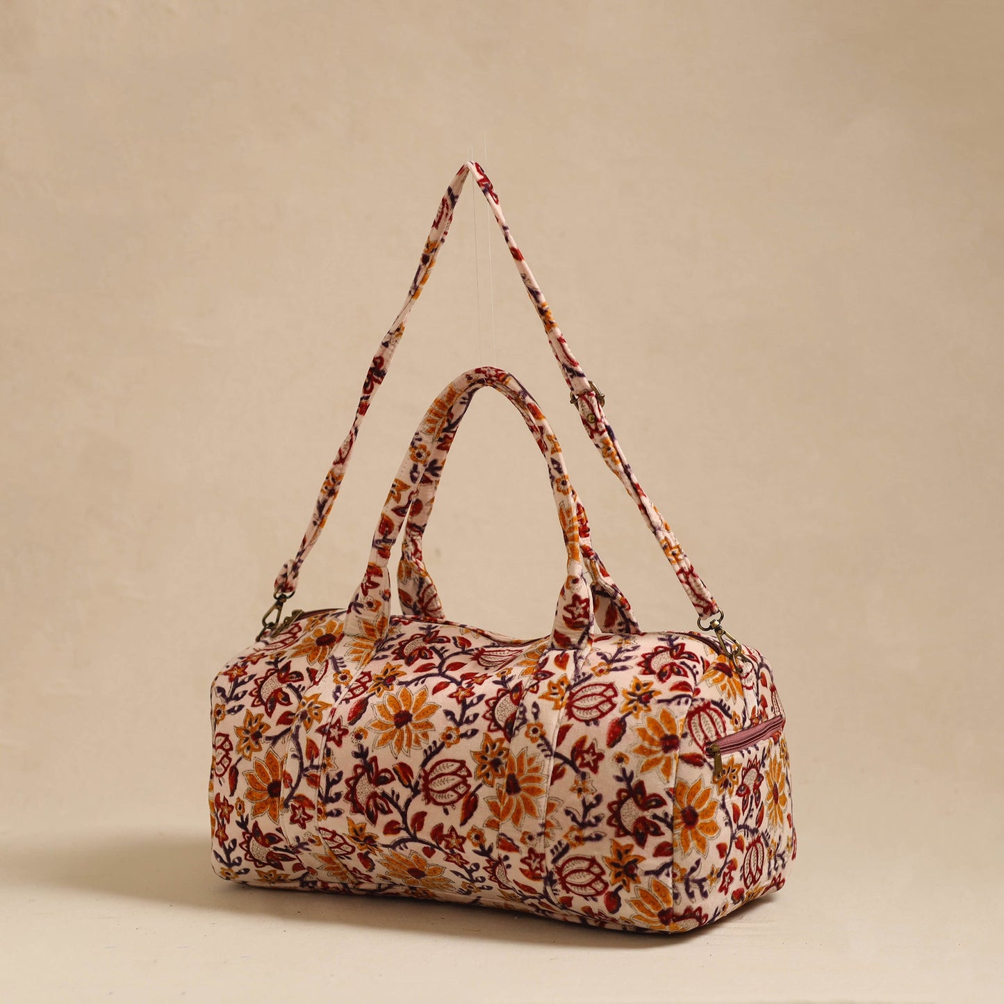 Sanganeri Print Velvet Duffle Travel Bag
