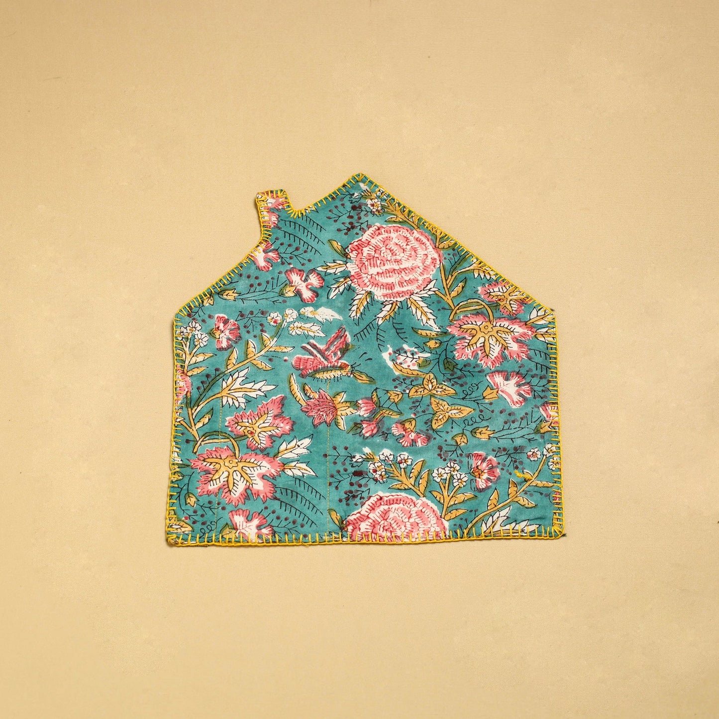 Sea Green Hand Embroidered Floral Pot Holder with Pocket