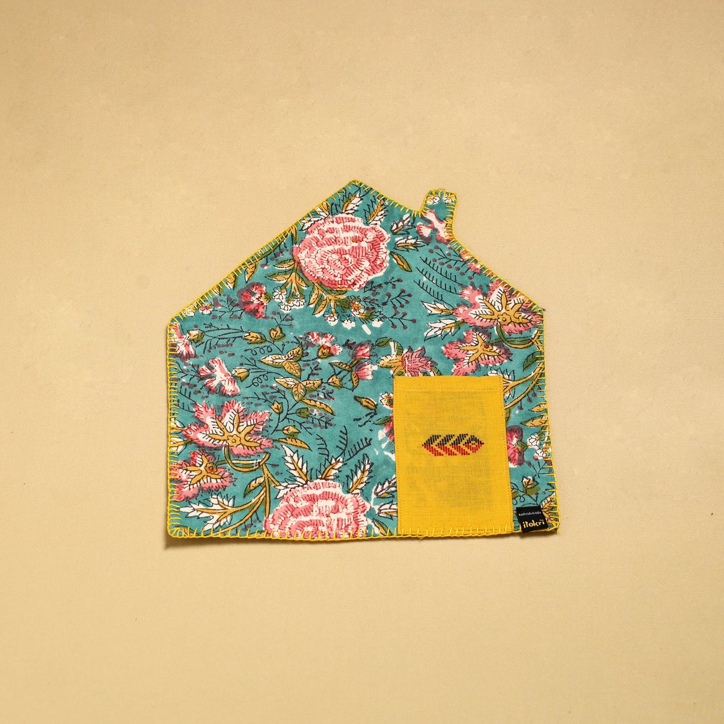 Sea Green Hand Embroidered Floral Pot Holder with Pocket