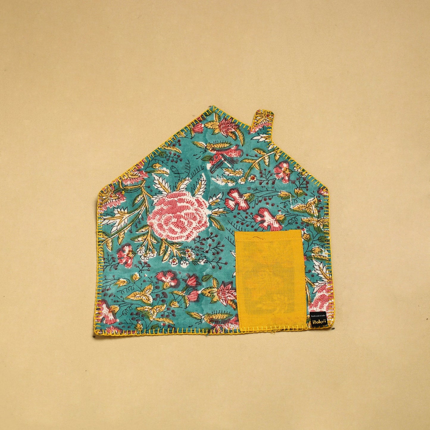 Hand Embroidered Floral Sea Green Pot Holder with Pocket