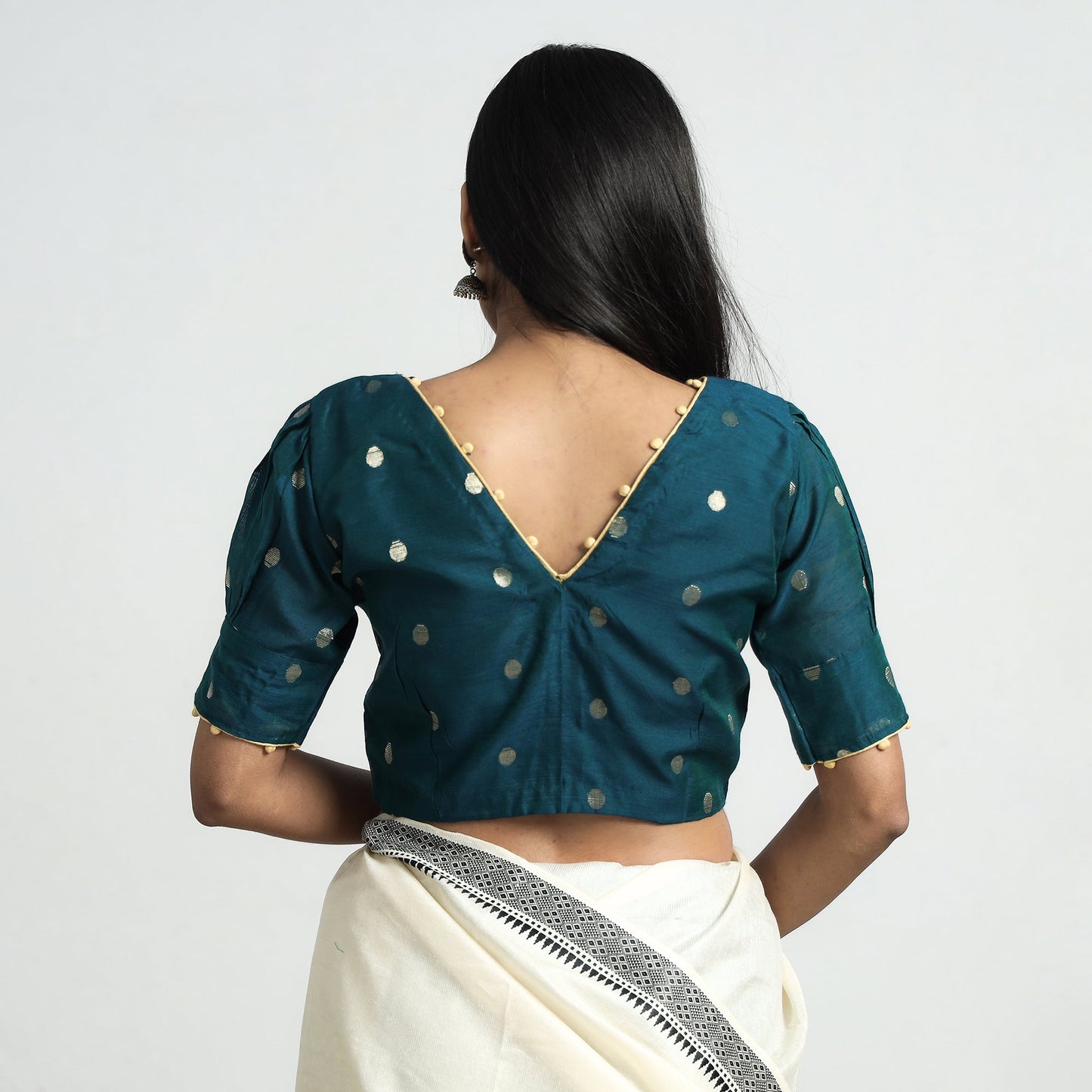 Buy Polka Dot Zari Buti Viscose Silk Stitched V Neck Blouse Online at iTokri.com