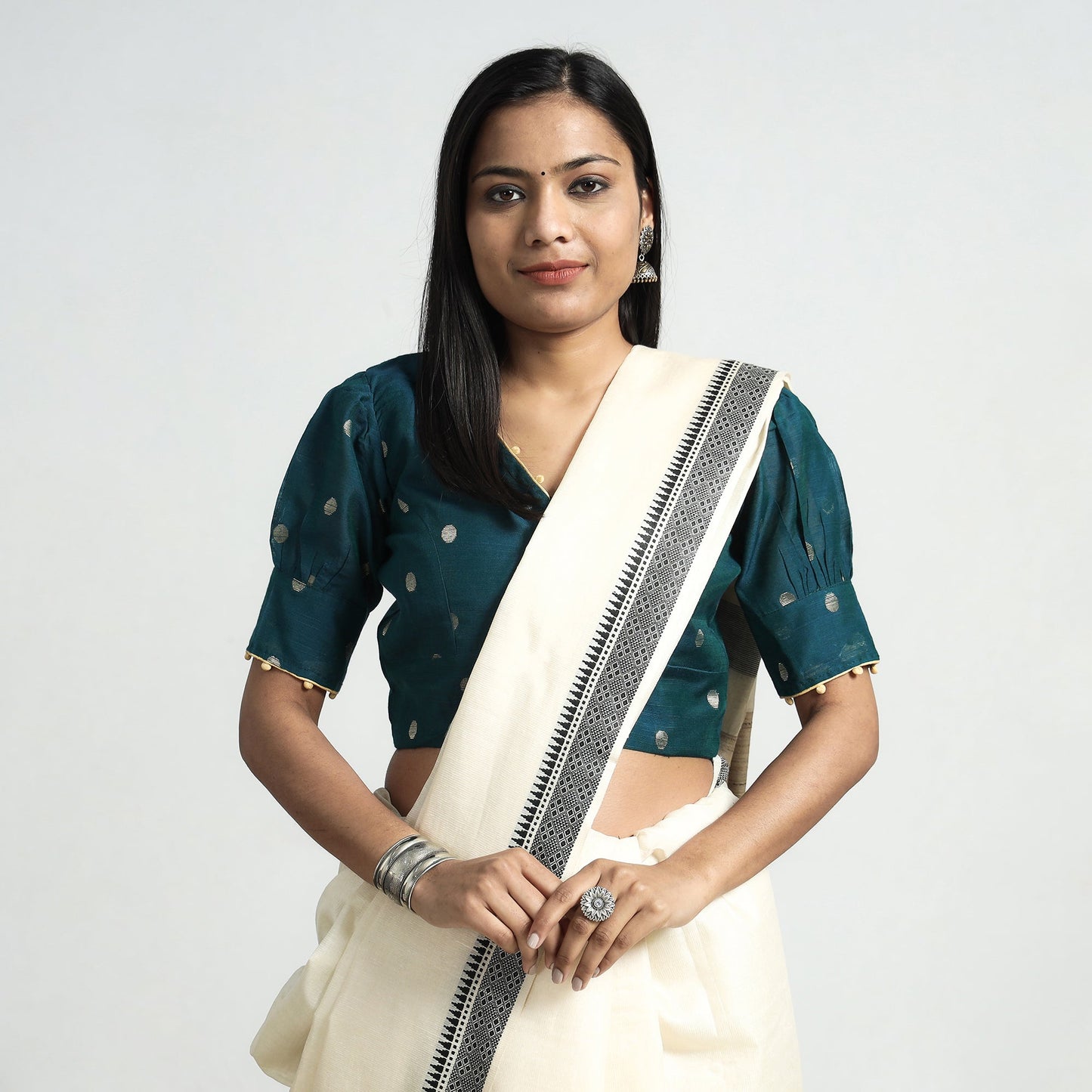 Buy Polka Dot Zari Buti Viscose Silk Stitched V Neck Blouse Online at iTokri.com