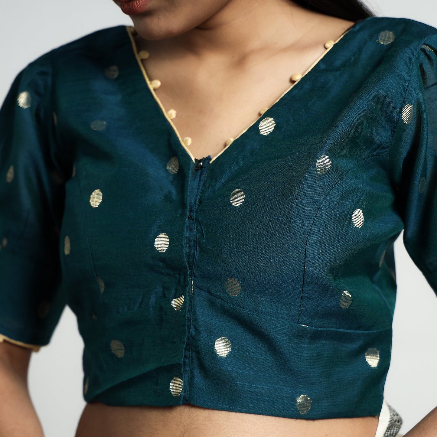 Buy Polka Dot Zari Buti Viscose Silk Stitched V Neck Blouse Online at iTokri.com