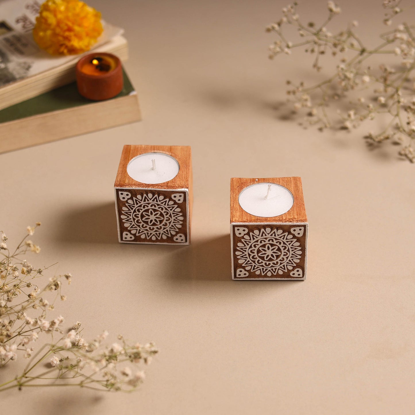 Set of 2 hand carved bakayan wood tealight candle holder 05