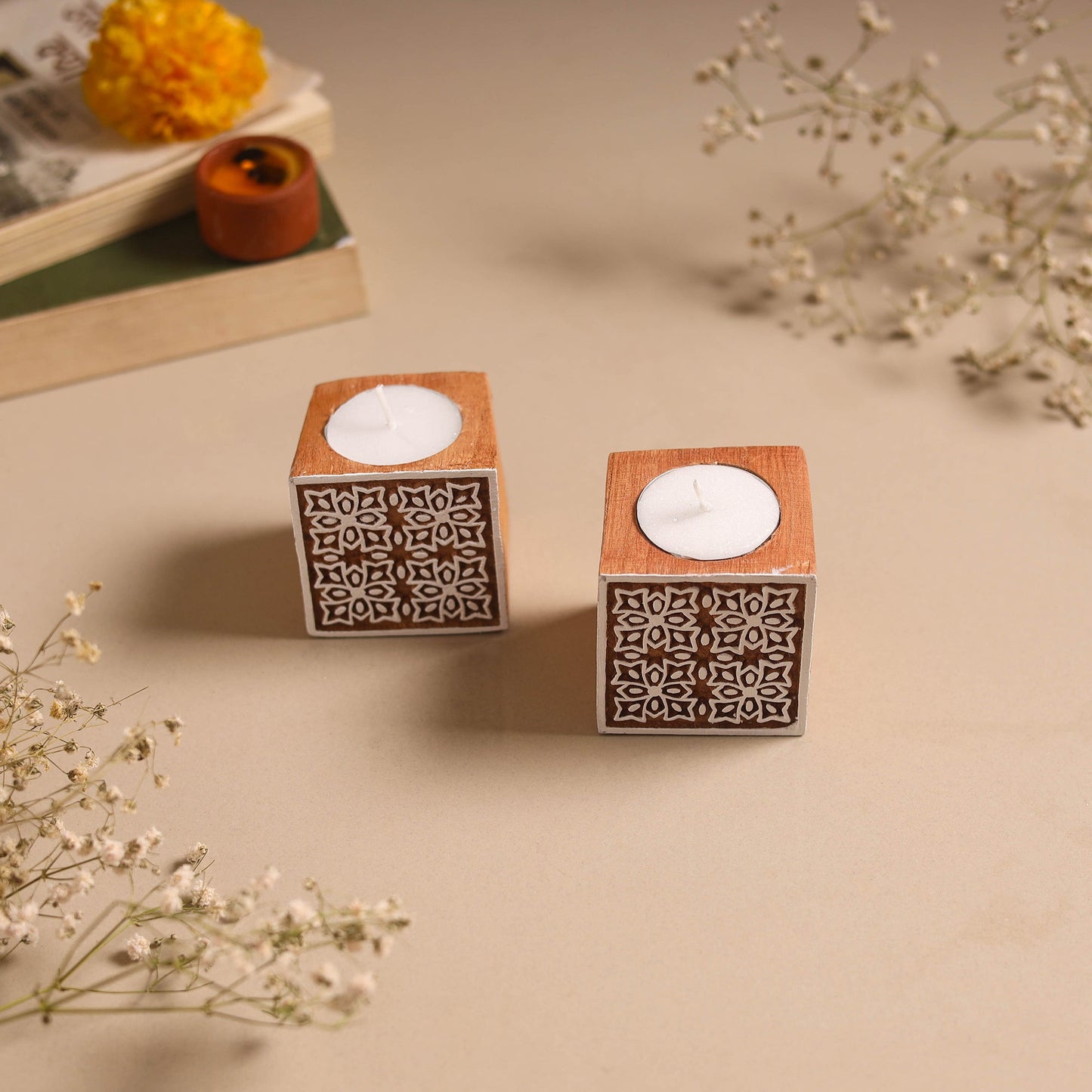 Set of 2 hand carved bakayan wood tealight candle holder 06
