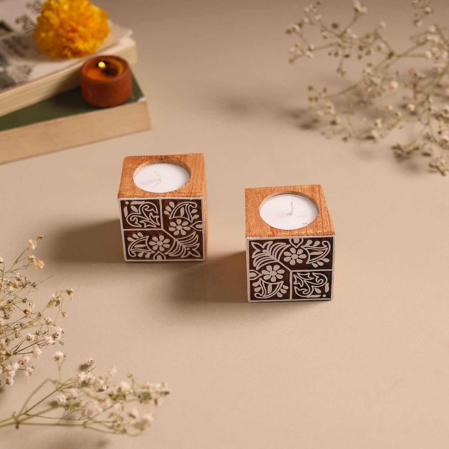 Set of 2 hand carved bakayan wood tealight candle holder 10