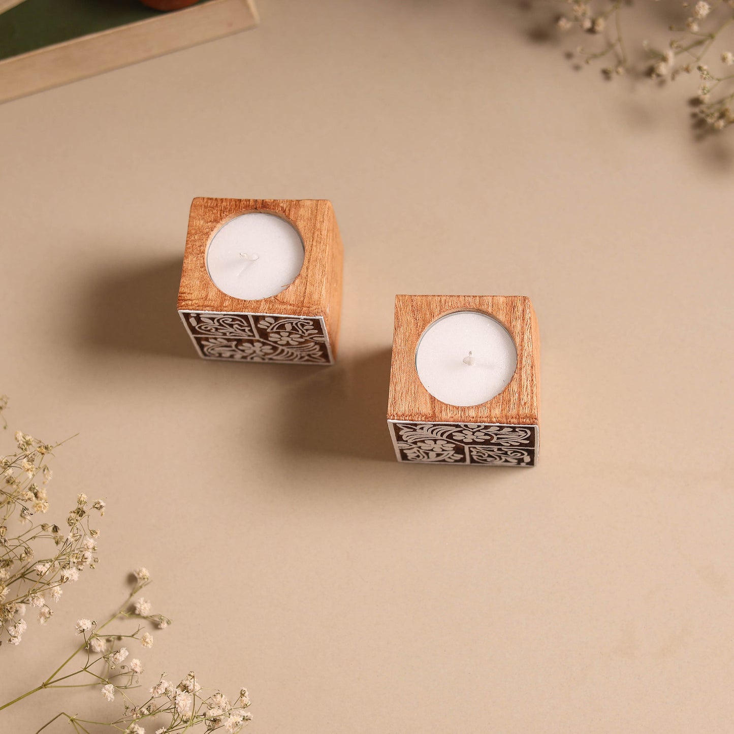 Set of 2 hand carved bakayan wood tealight candle holder 10