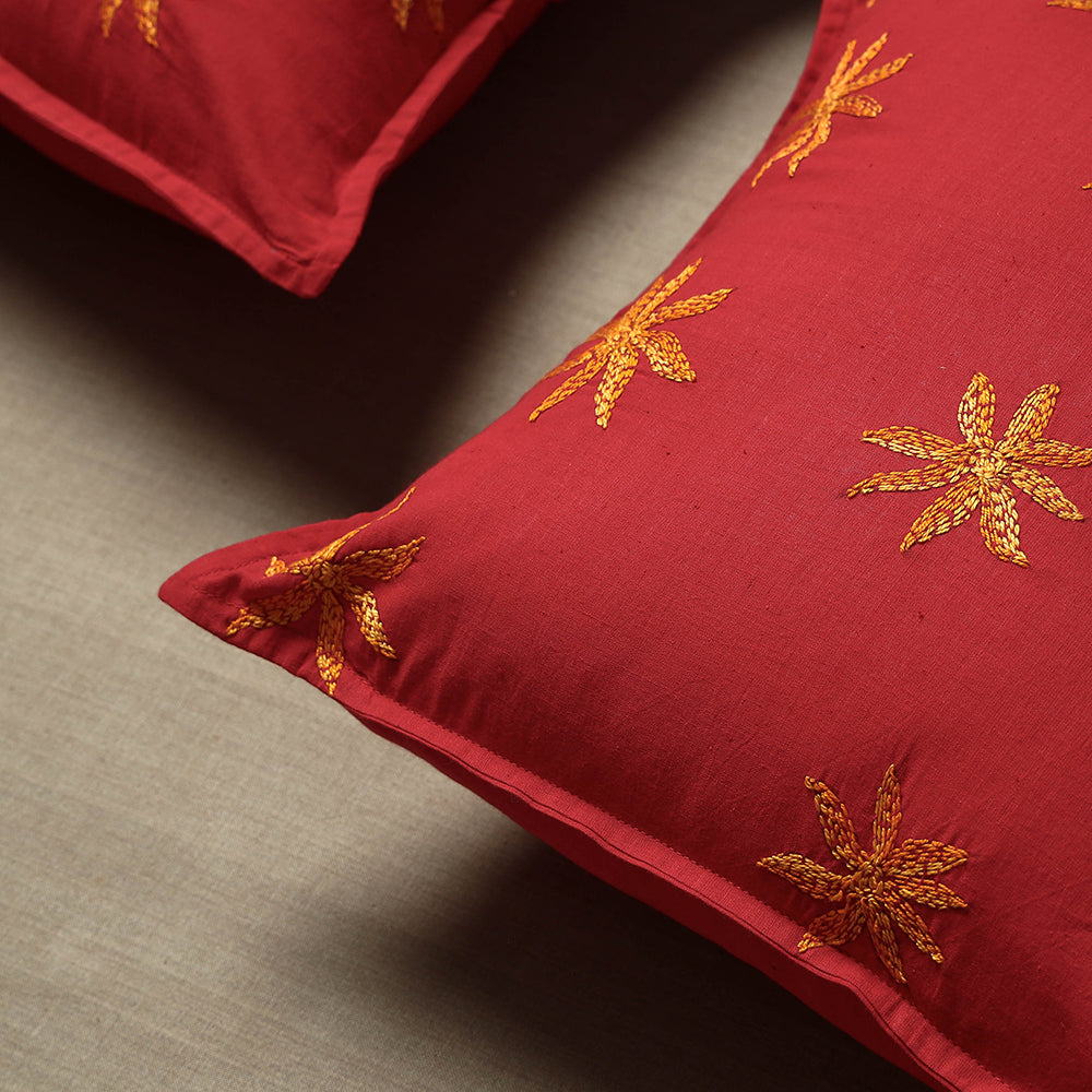 Red Chandi Mati Tagai Work Cotton Cushion Cover