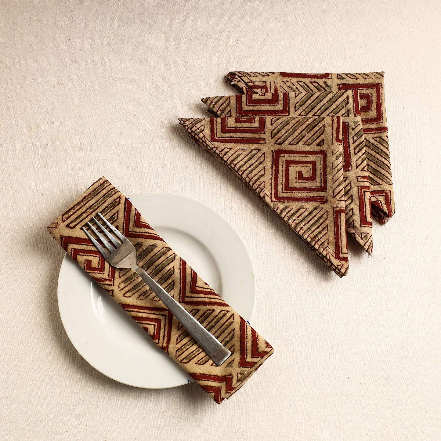 Set of 4 - Beige Kalamkari Block Printed Cotton Table Napkins