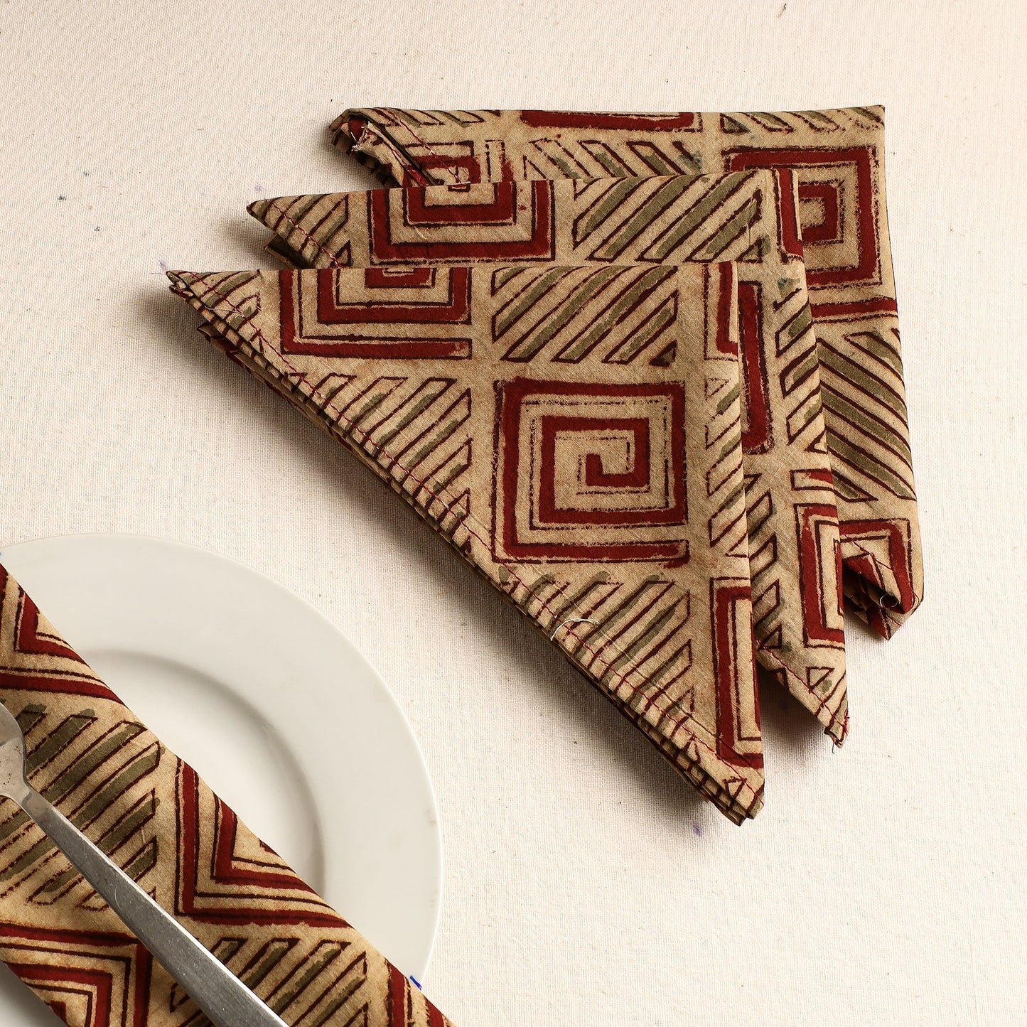 Set of 4 - Beige Kalamkari Block Printed Cotton Table Napkins