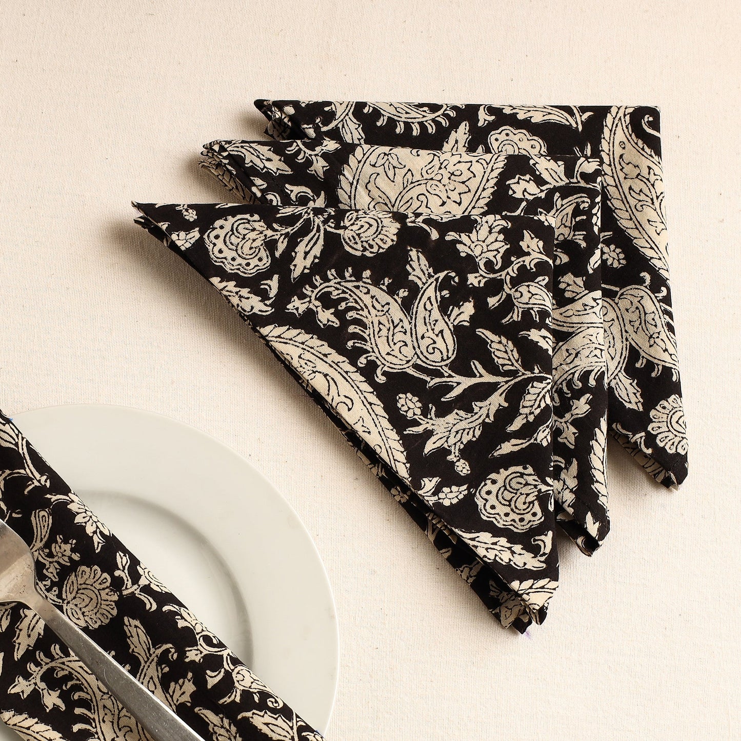 Set of 4 - Black Bagru Block Printed Cotton Table Napkins