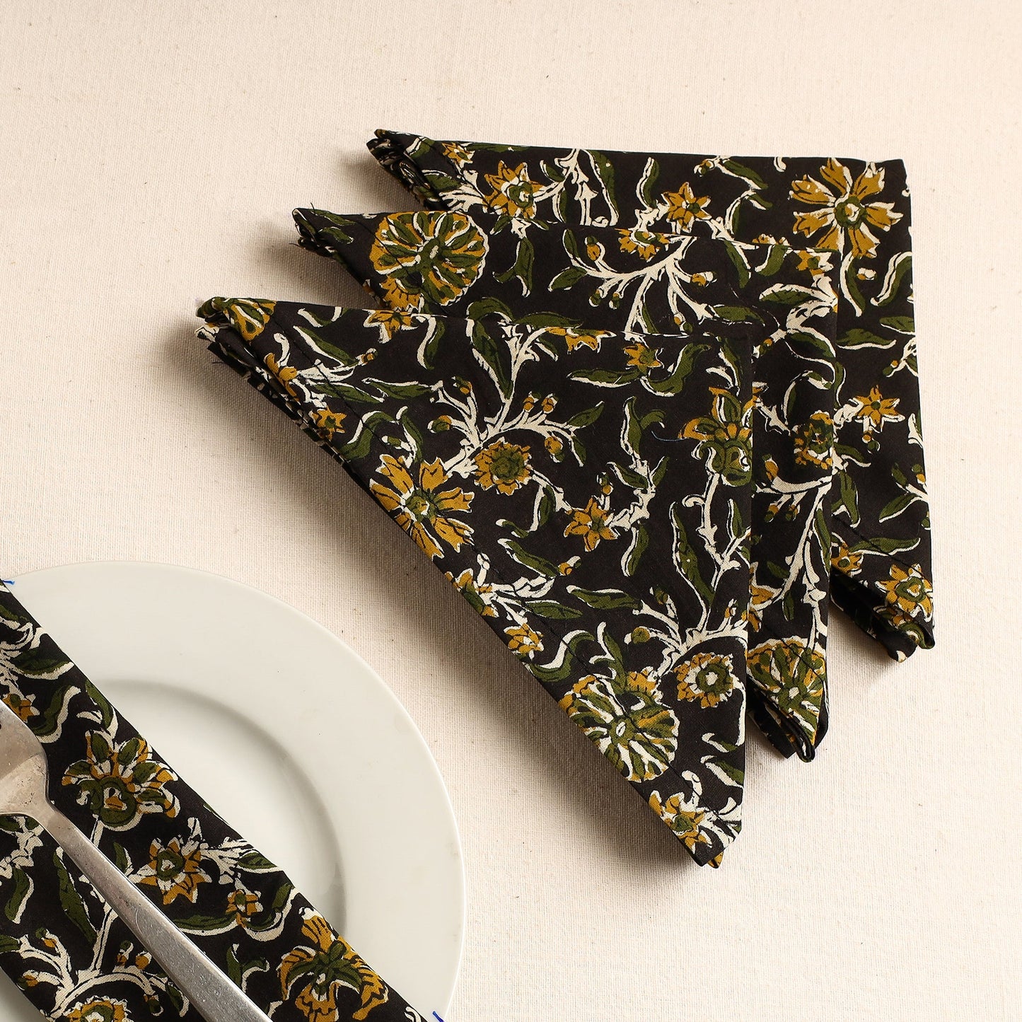 Set of 4 - Black Bagru Block Printed Cotton Table Napkins
