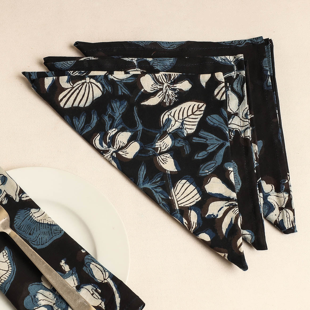 Set of 4 - Black Bagru Block Printed Cotton Table Napkins