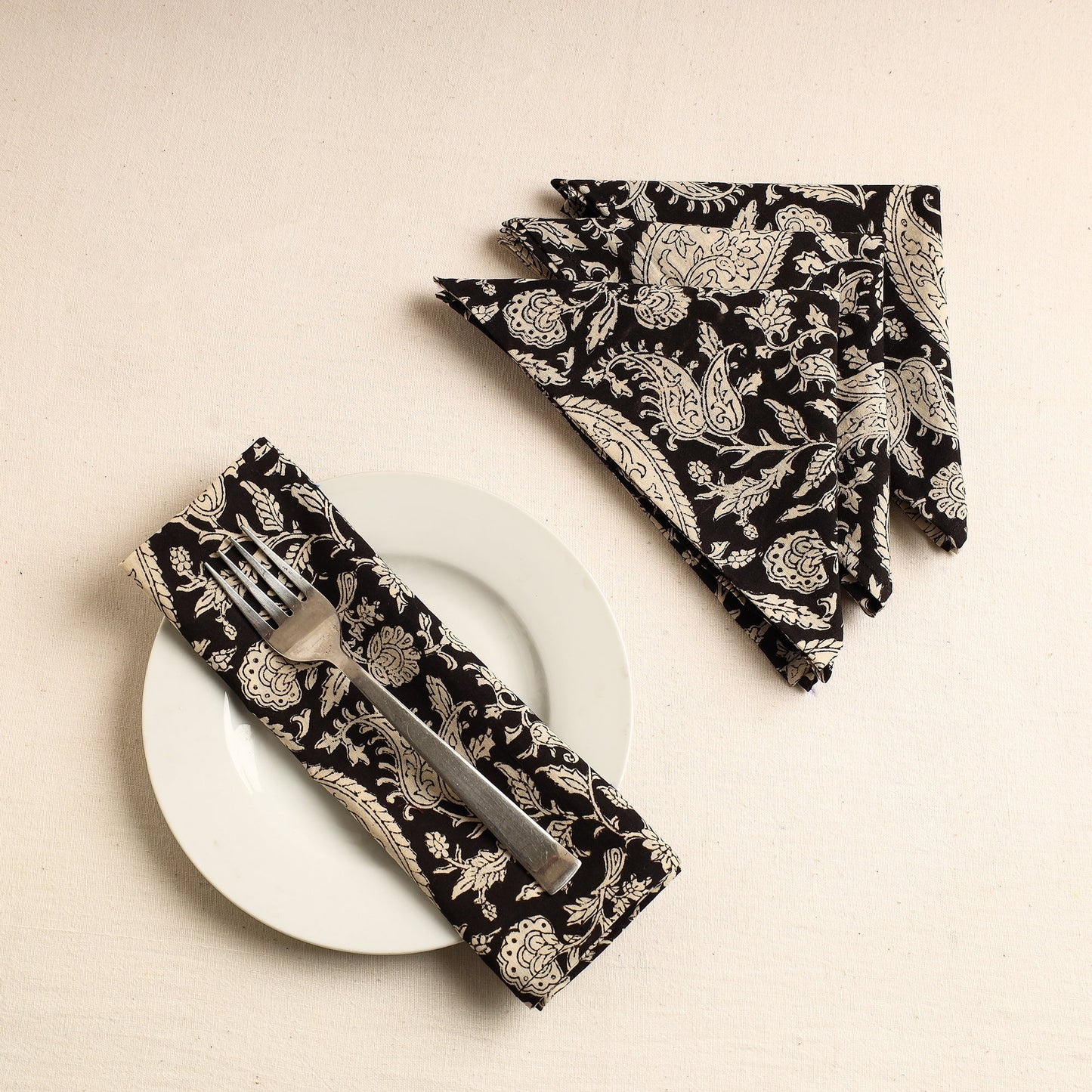 Set of 4 - Black Bagru Block Printed Cotton Table Napkins
