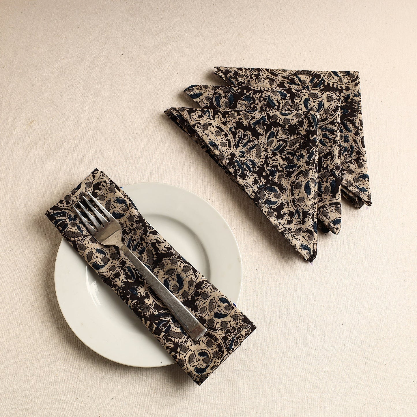 Set of 4 - Black Kalamkari Block Printed Cotton Table Napkins
