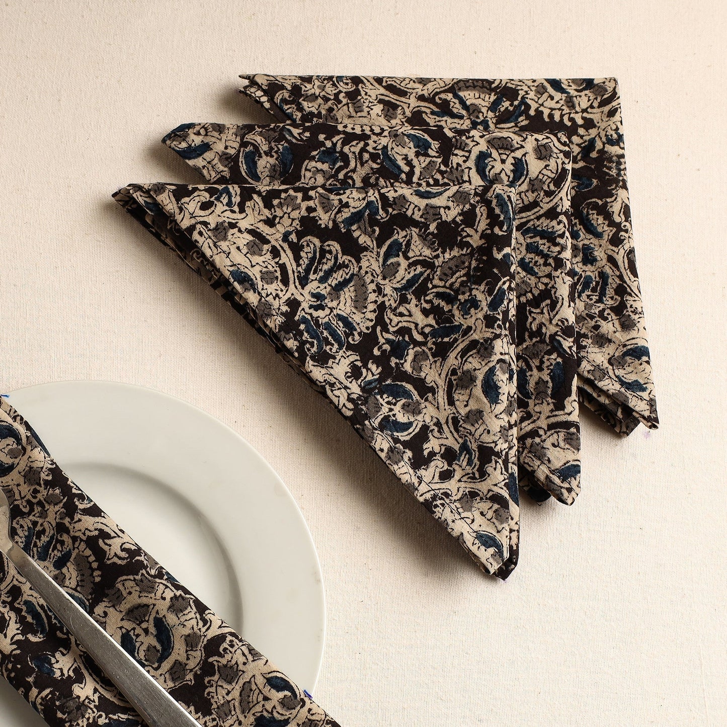Set of 4 - Black Kalamkari Block Printed Cotton Table Napkins