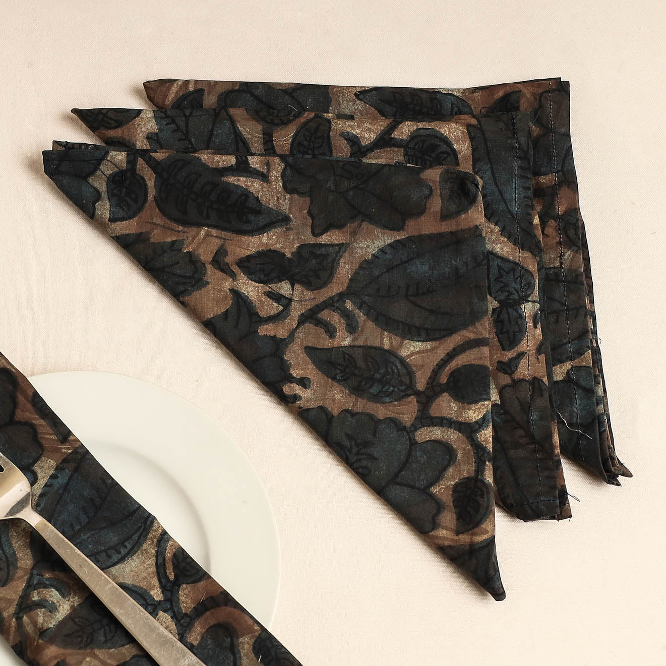 Set of 4 - Brown Bagru Block Printed Cotton Table Napkins
