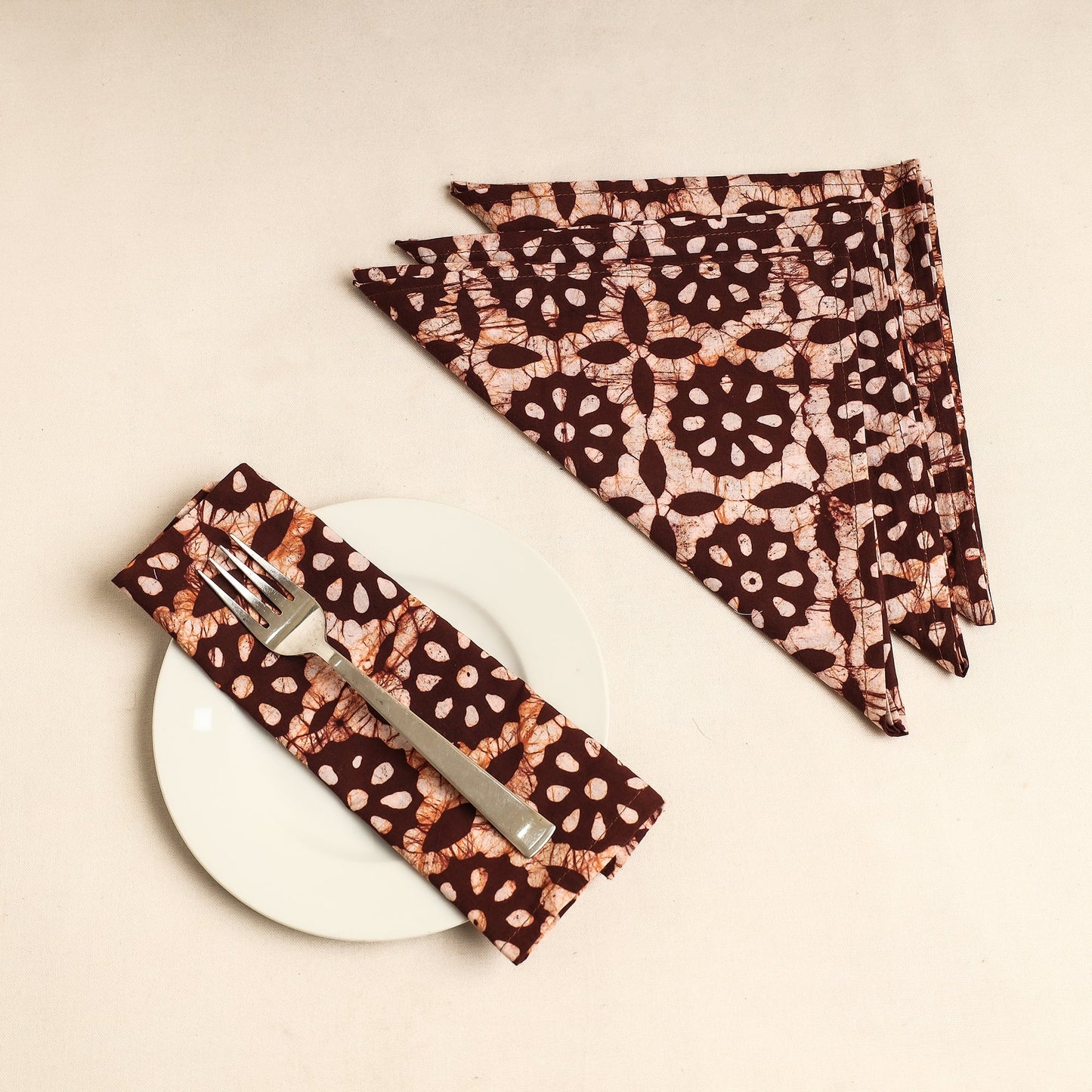 Set of 4 - Brown Hand Batik Printed Cotton Table Napkins