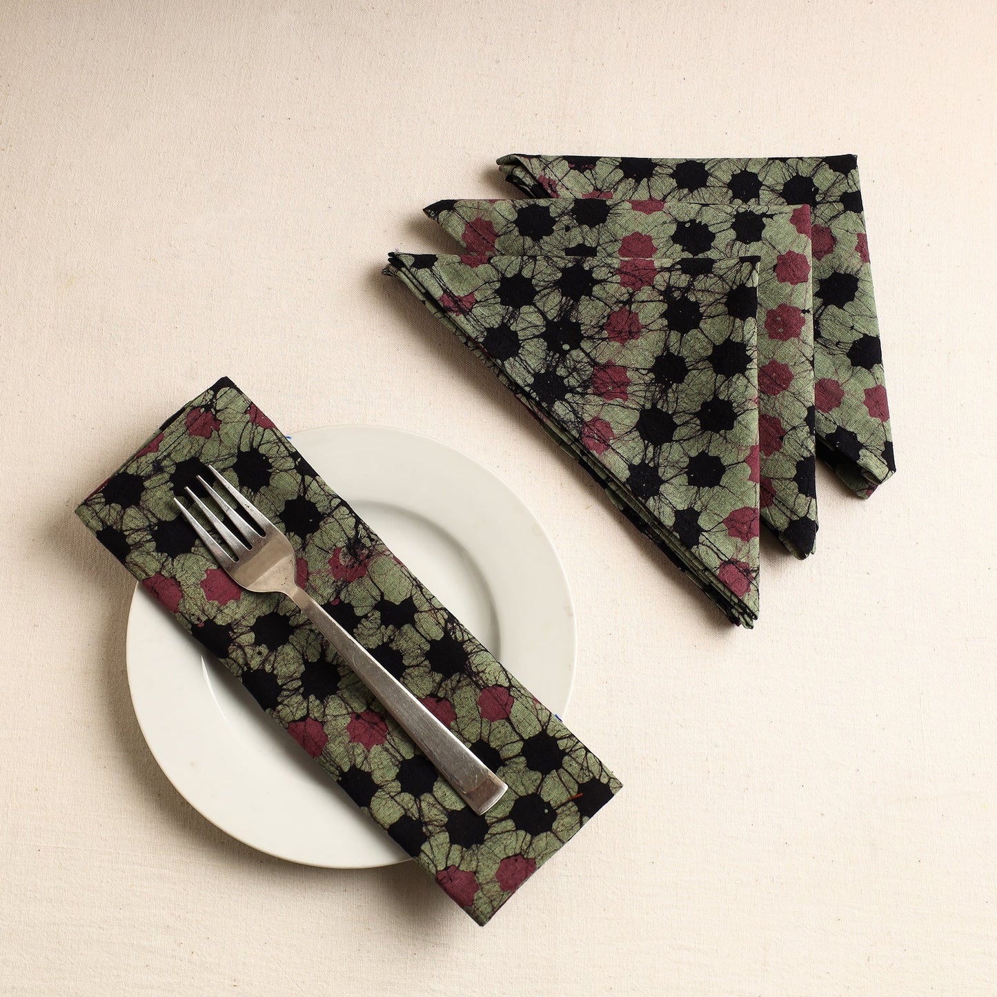 Set of 4 - Green Hand Batik Printed Cotton Table Napkins