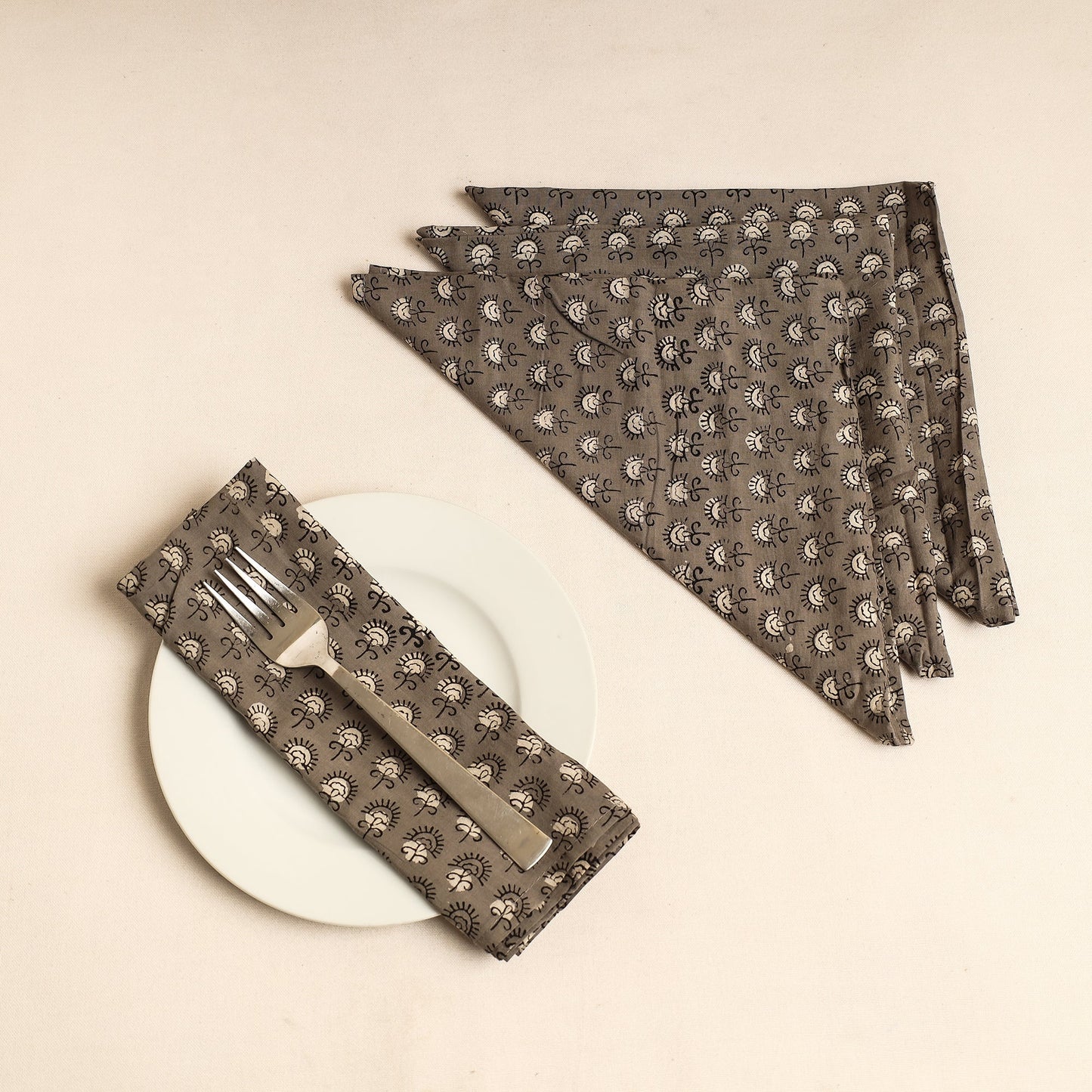 Set of 4 - Grey Bagru Block Printed Cotton Table Napkins