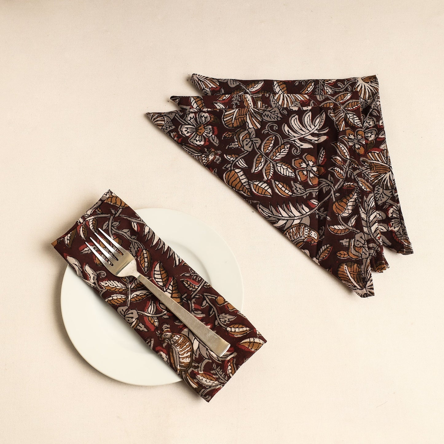 Set of 4 - Maroon Bagru Block Printed Cotton Table Napkins