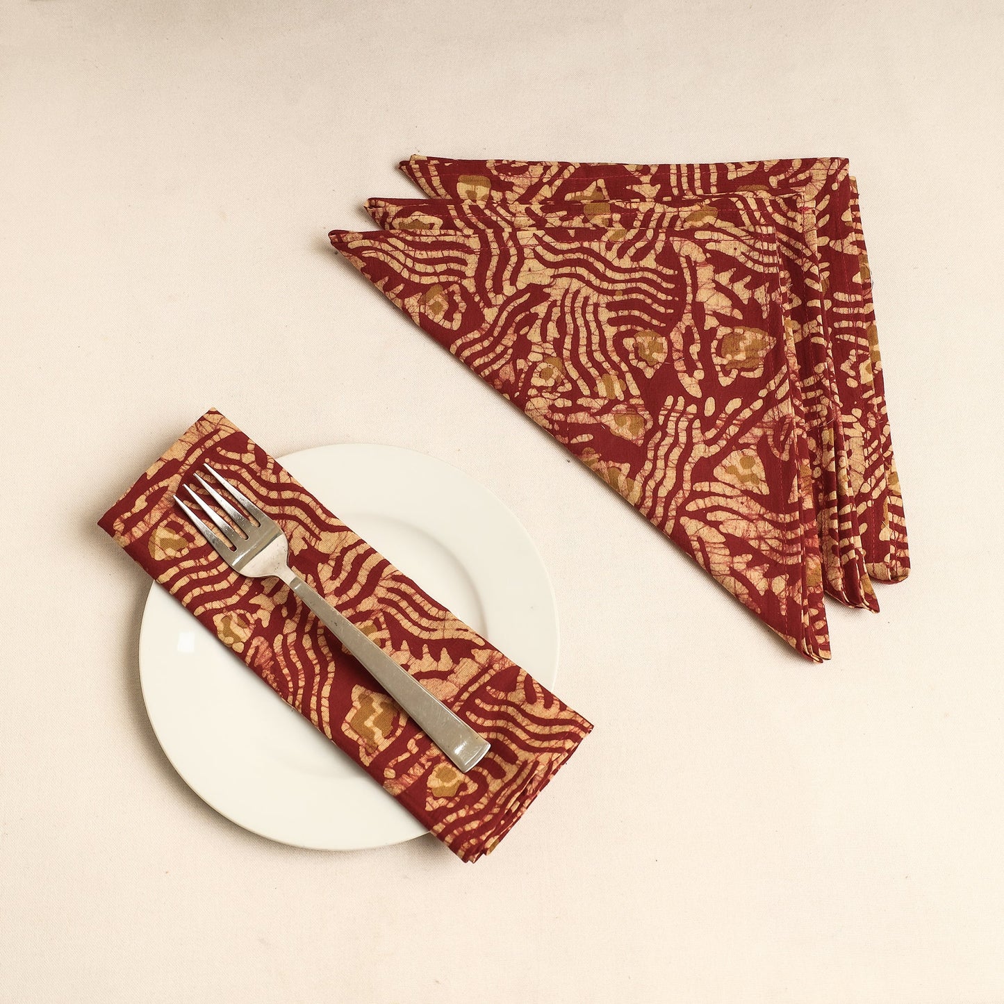 Set of 4 - Maroon Hand Batik Printed Cotton Table Napkins