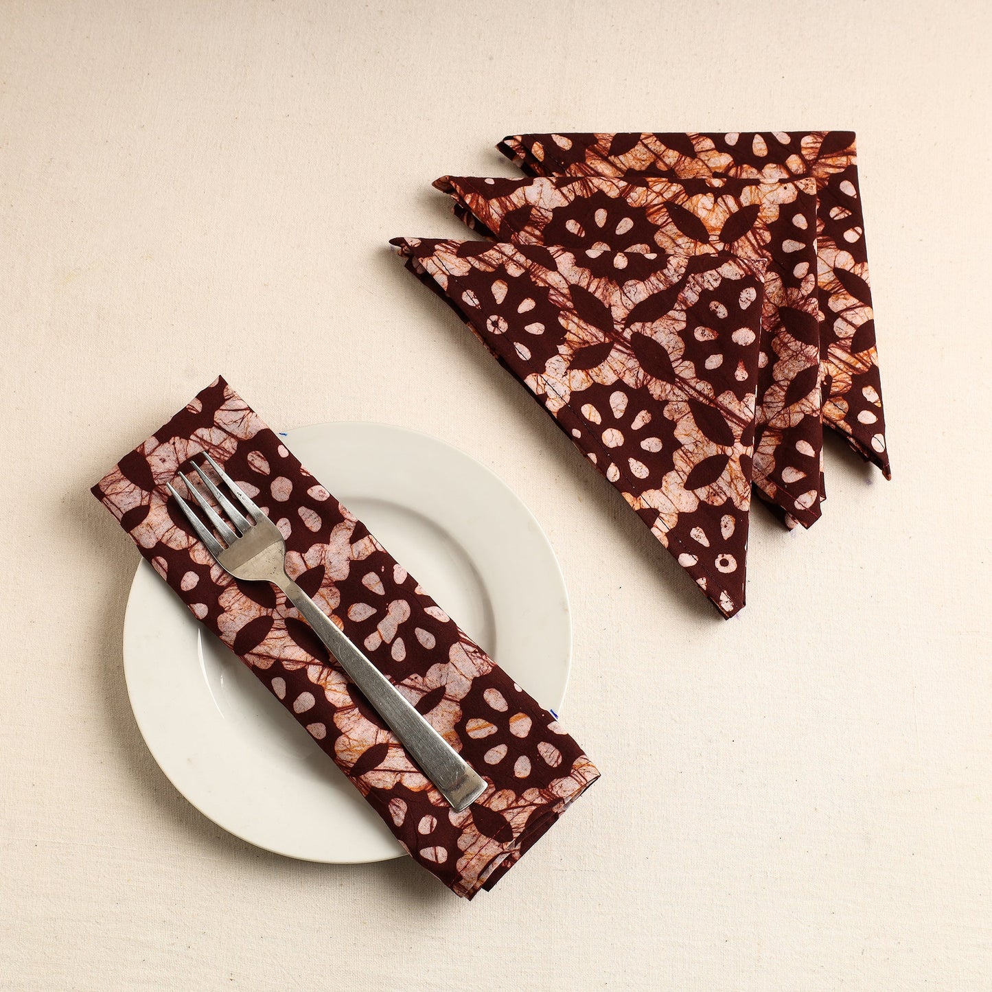 Set of 4 - Maroon Hand Batik Printed Cotton Table Napkins