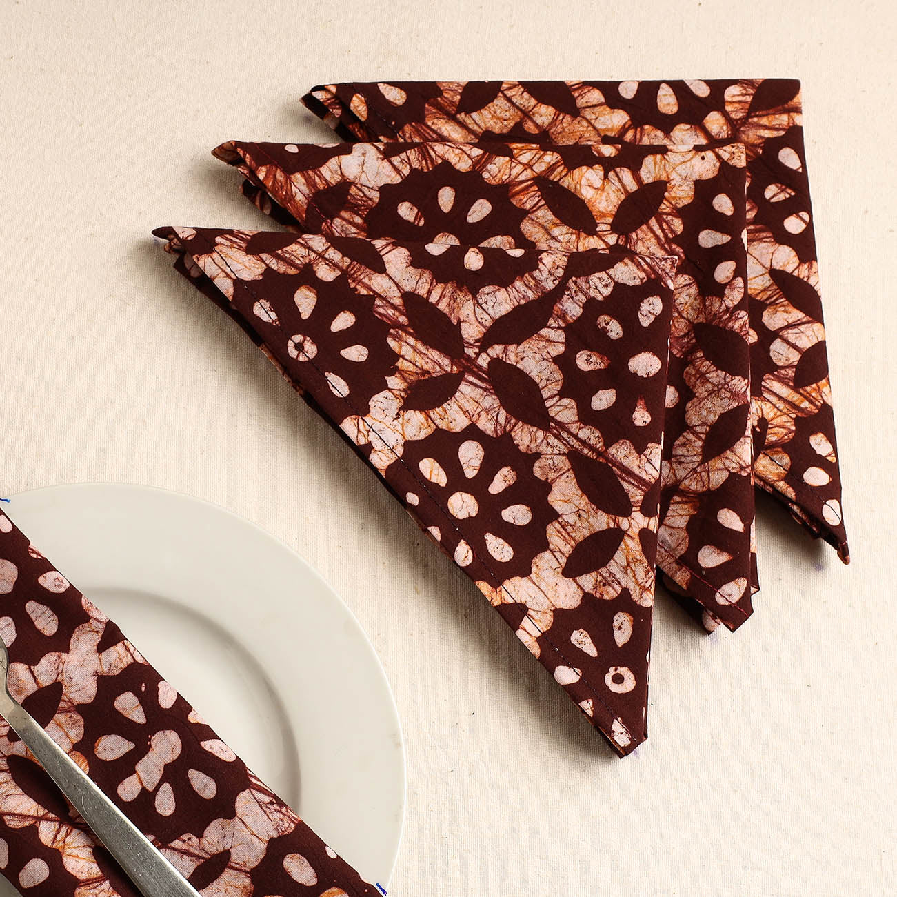 Set of 4 - Maroon Hand Batik Printed Cotton Table Napkins