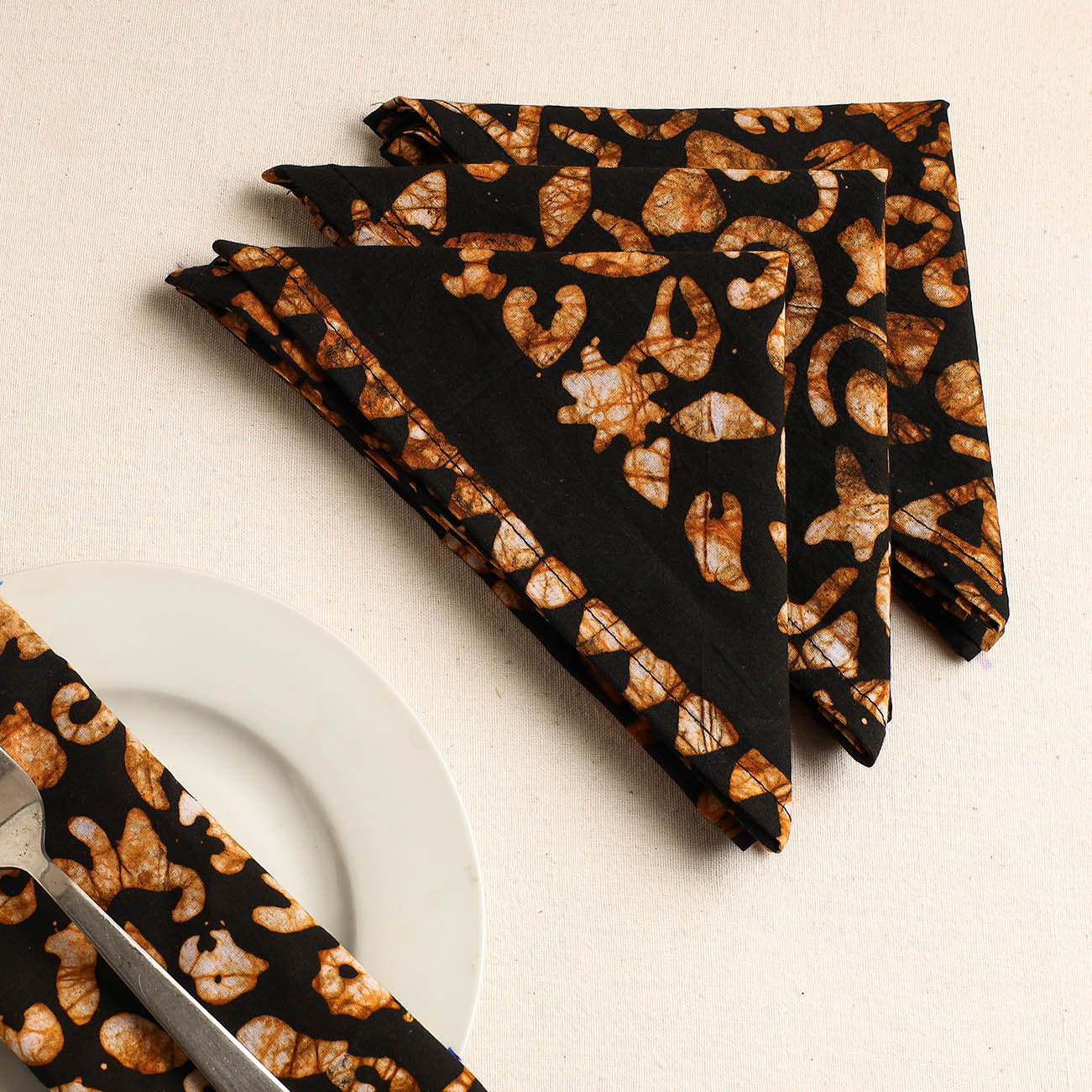 Set of 4 - Orange Hand Batik Printed Cotton Table Napkins