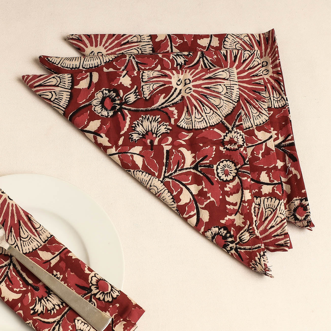 Set of 4 - Red Bagru Block Printed Cotton Table Napkins