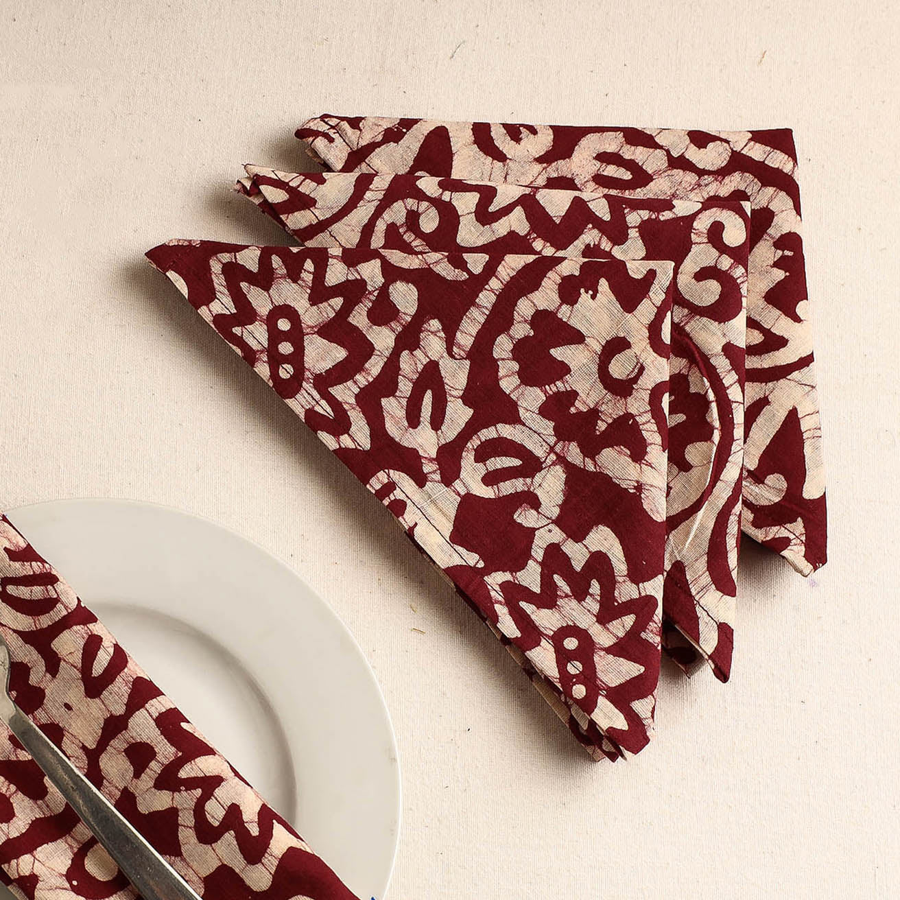 Set of 4 - Red Hand Batik Printed Cotton Table Napkins