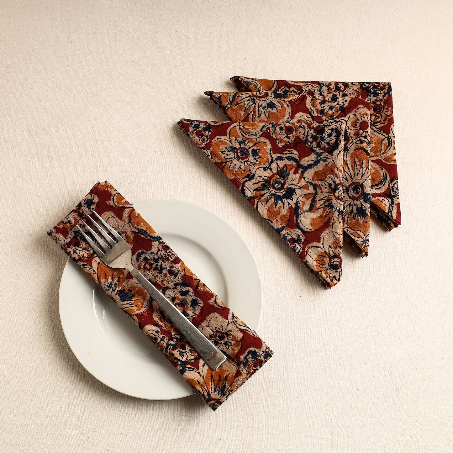 Set of 4 - Red Kalamkari Block Printed Cotton Table Napkins