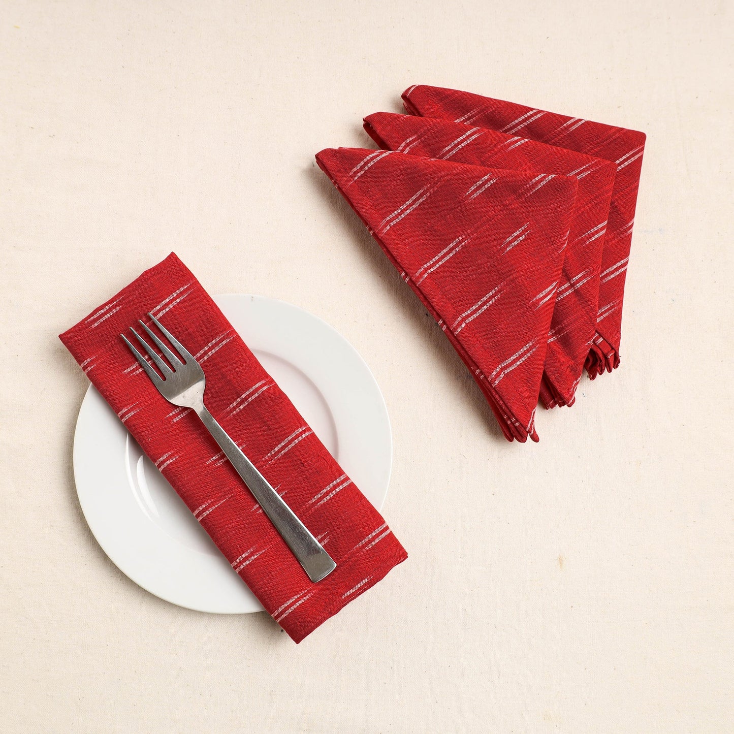 Set of 4 - Red Pochampally Ikat Weave Cotton Table Napkins (18 x 18 in) 68