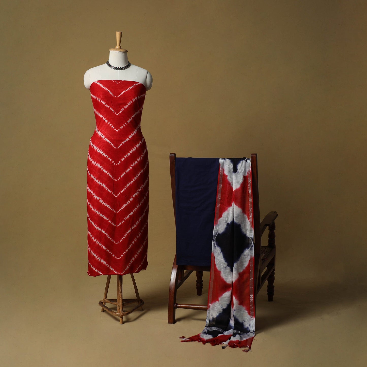 Shibori tie-dye linen cotton 3pc unstitched dress material
