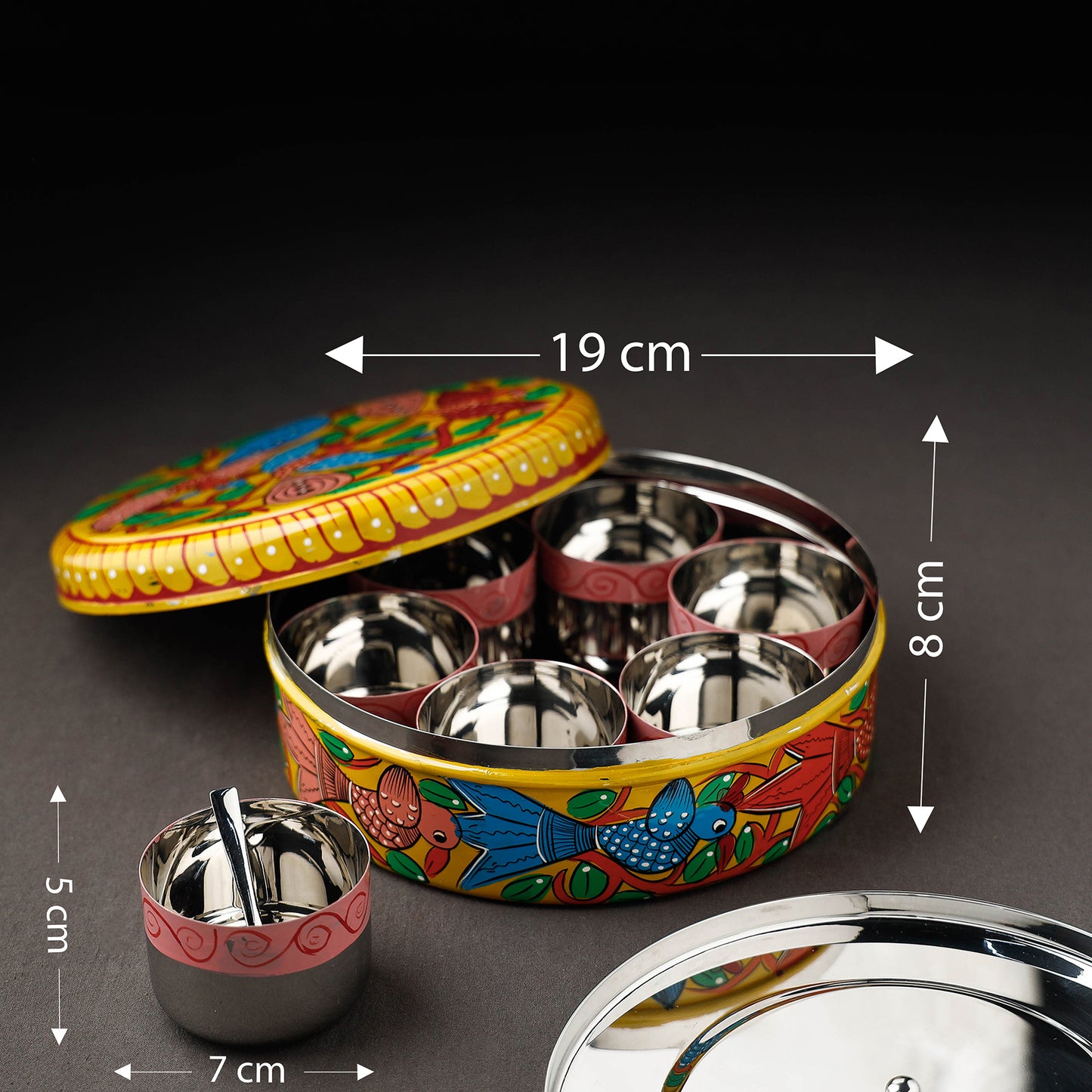 Bengal Patua Handpainted Stainless Steel Yellow Masala Box