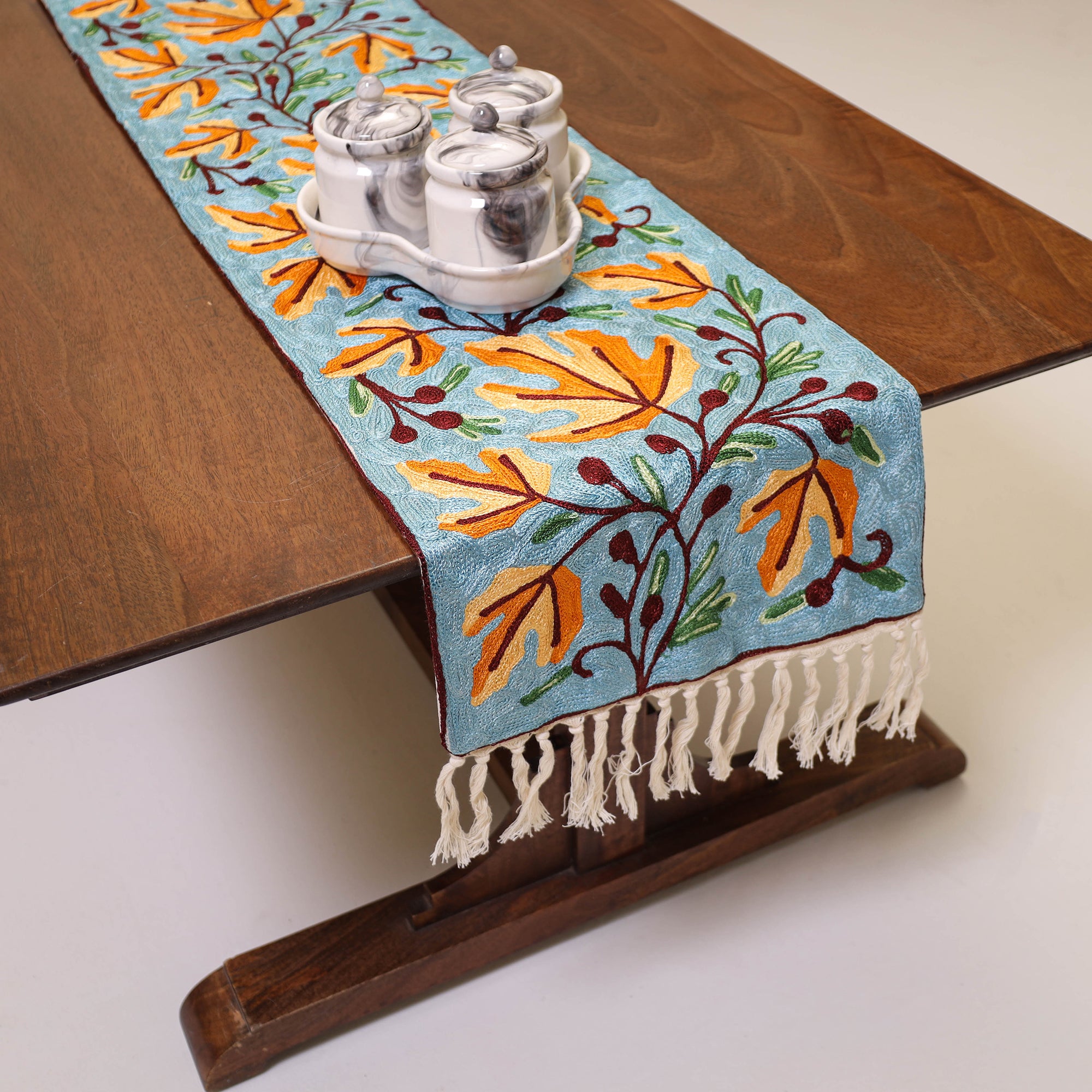 Sky Blue Crewel Wool Hand Embroidery Table Runner