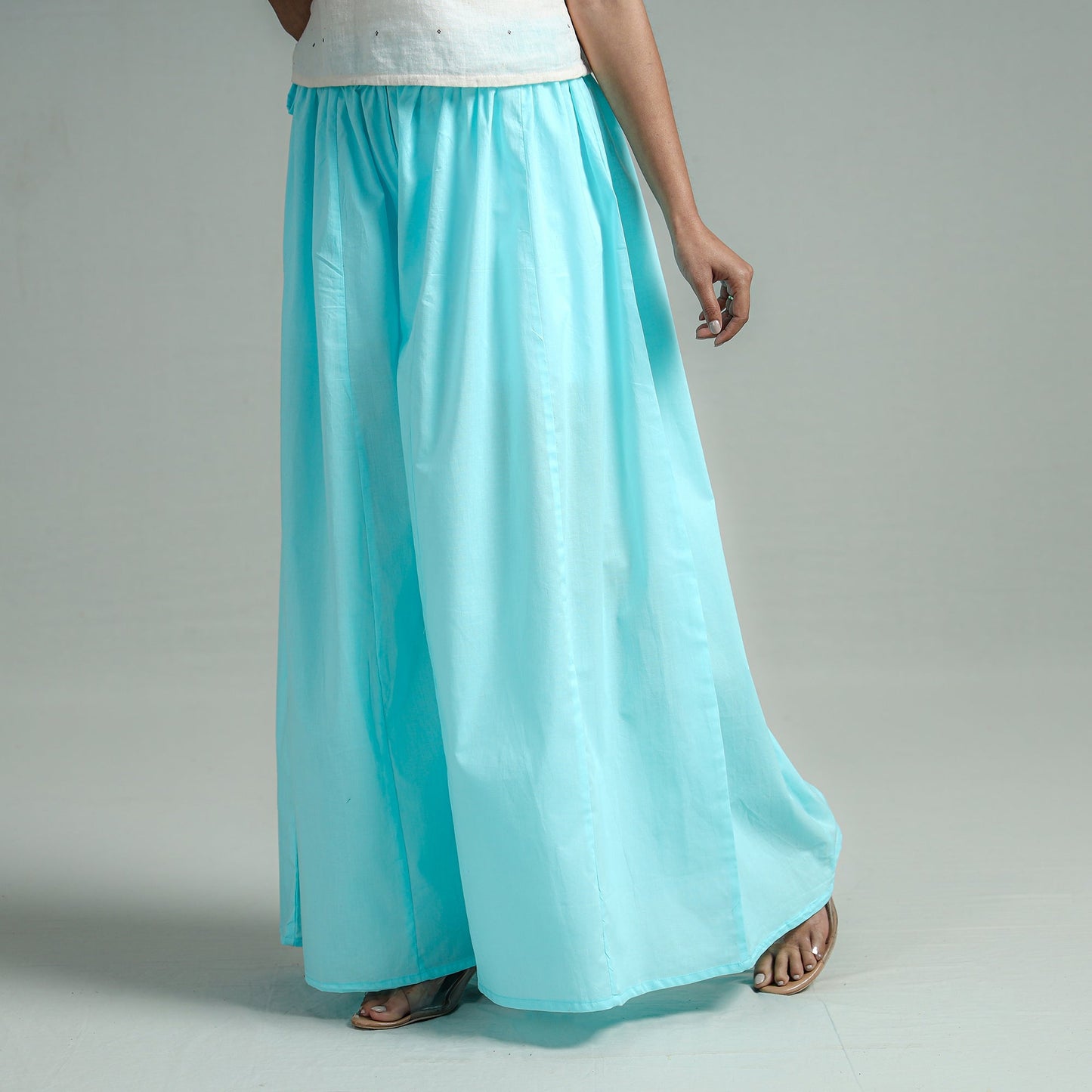 Sky Blue Plain Dyed Cotton Flared Palazzo