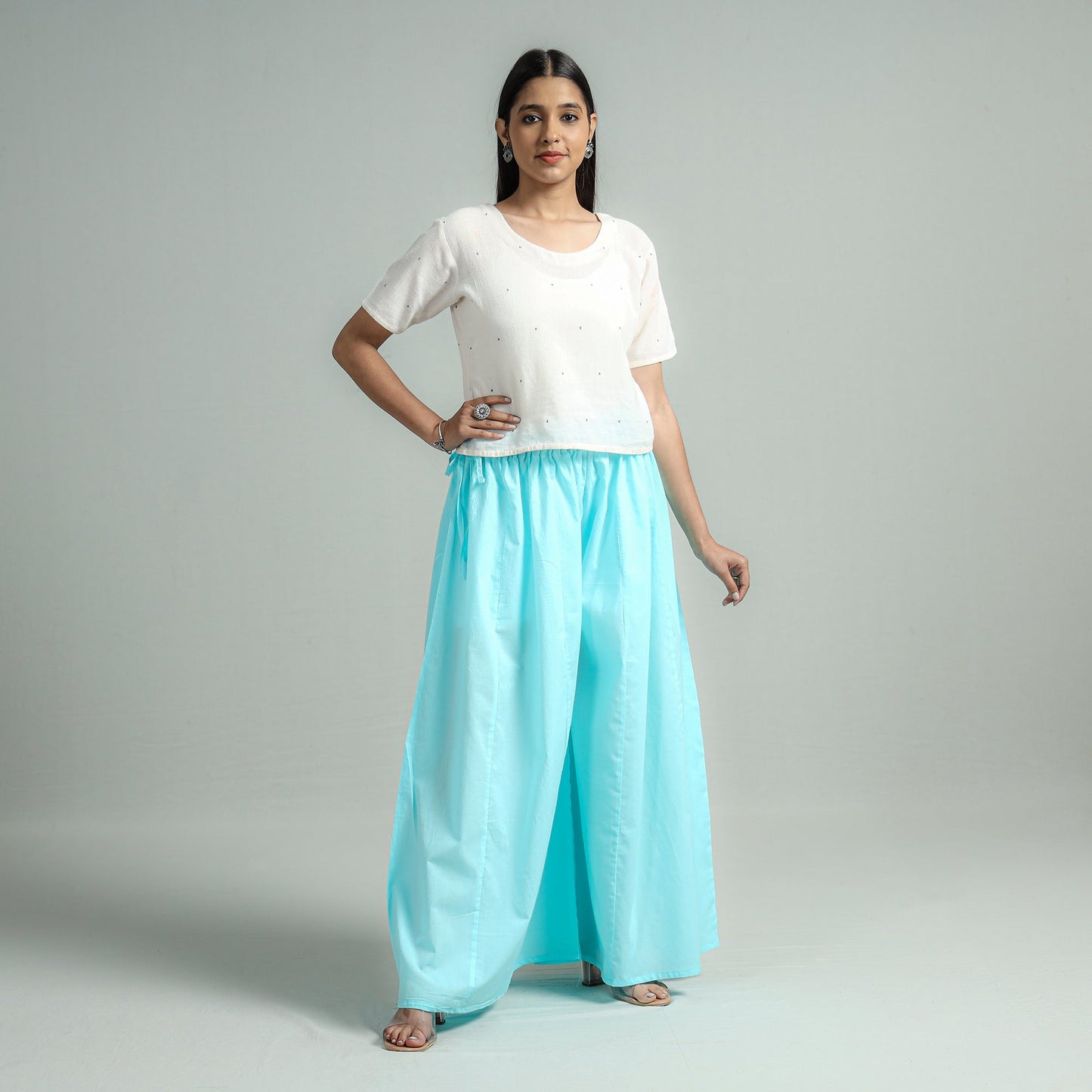 Sky Blue Plain Dyed Cotton Flared Palazzo
