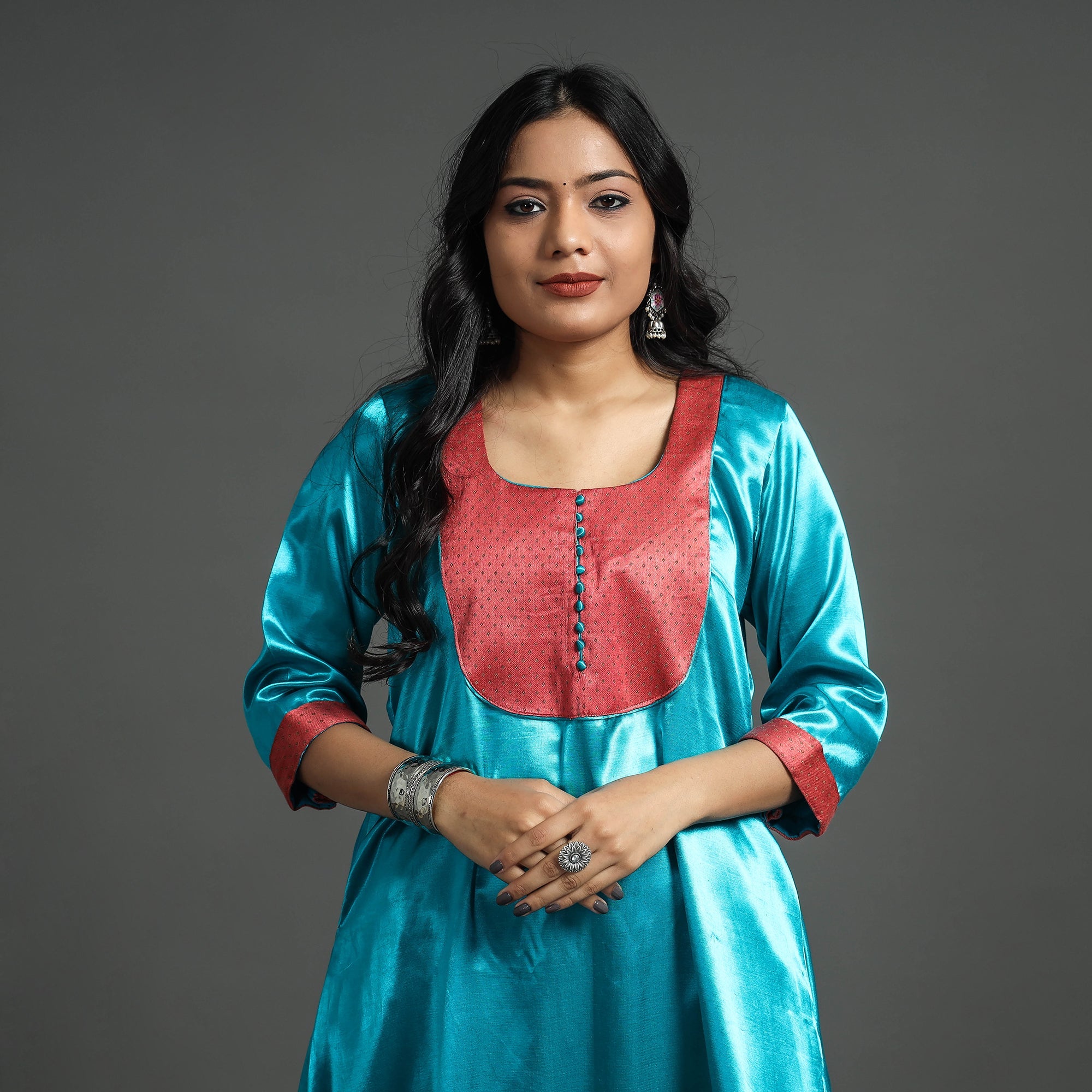 Sky Blue - Plain Mashru Silk with Patchwork Floral A-Line Long Kurta
