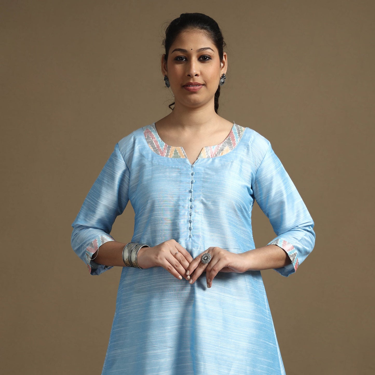 Plain Solid Slub Silk Long Kurta for Women