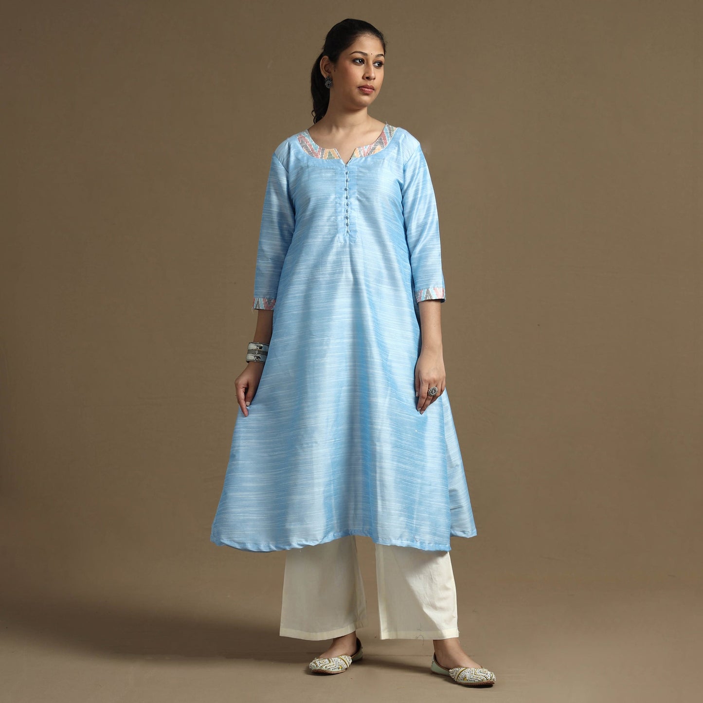 Plain Solid Slub Silk Long Kurta for Women