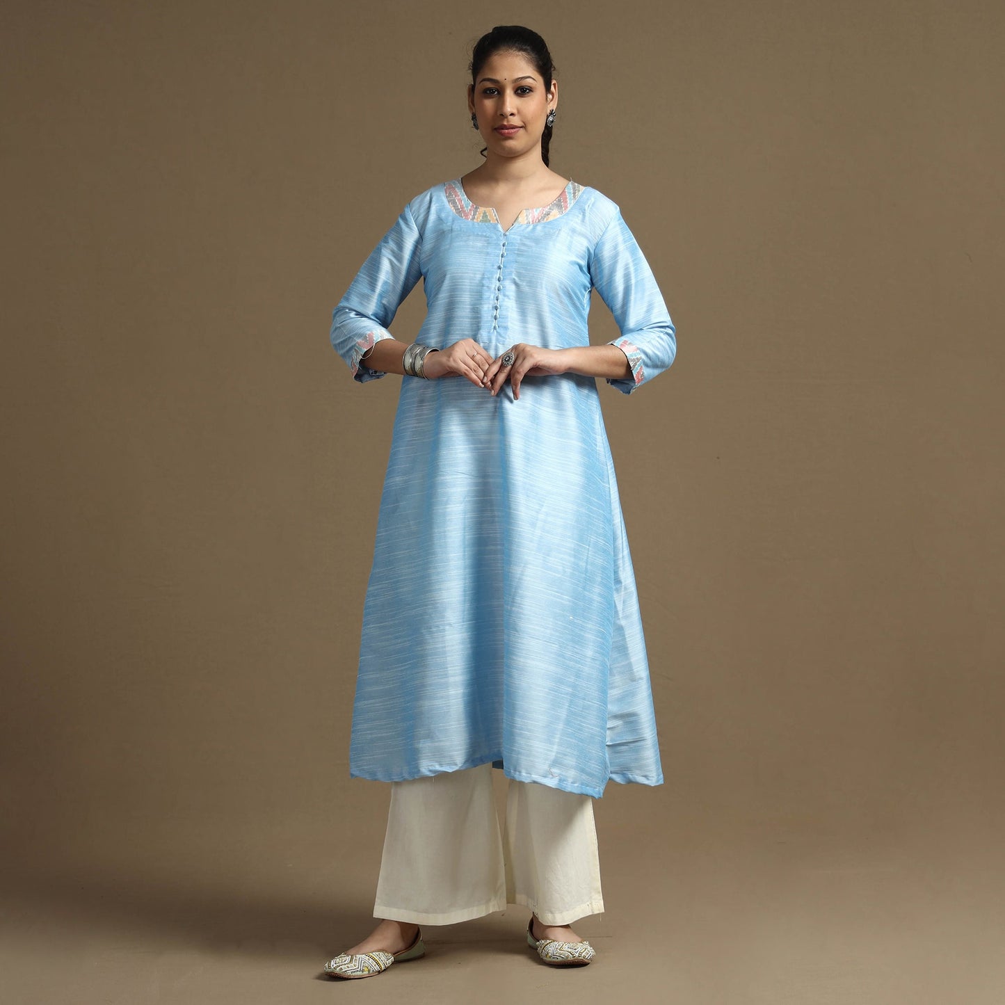 Plain Solid Slub Silk Long Kurta for Women