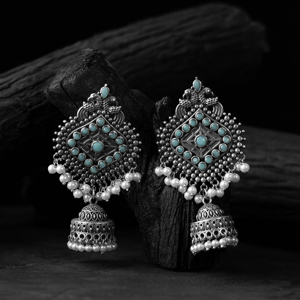Sky blue - saanjh bela mayur oxidised jhumka earrings