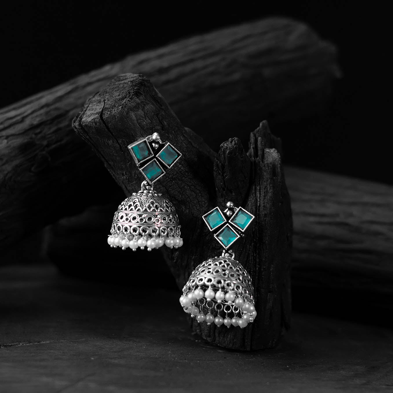 Sky blue - saanjh bela square oxidised jhumka earrings