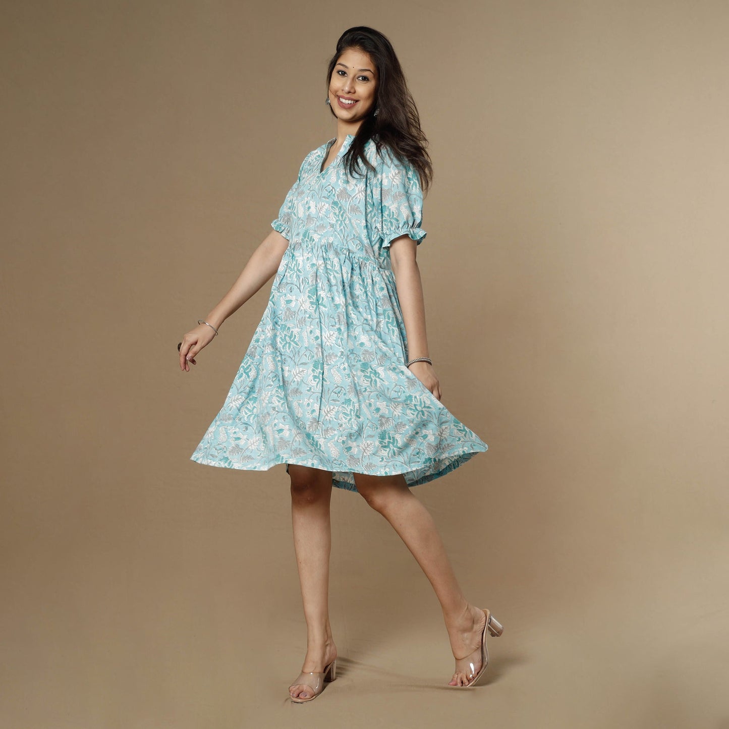 Sky blue - sanganeri printed flare cotton dress